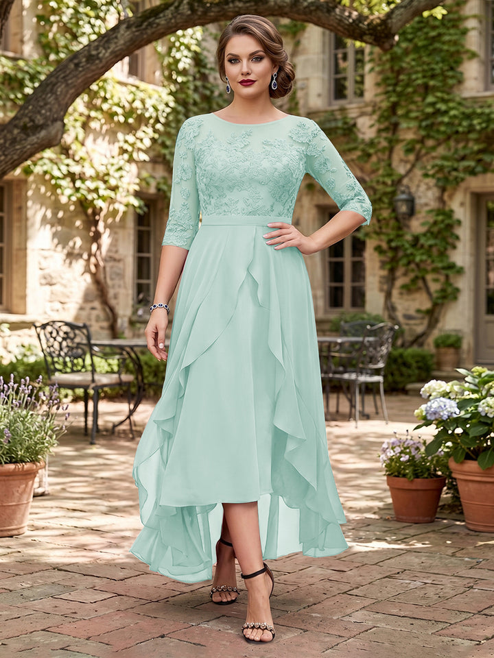A-Line/Princess Half Sleeves Asymmetrical Plus Size Mother of the Bride Dresses with Ruffles &amp; Embroidery
