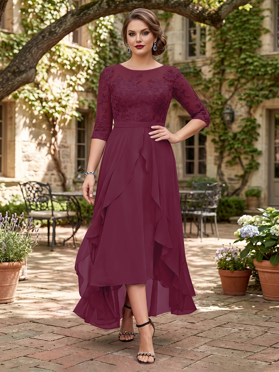 A-Line/Princess Half Sleeves Asymmetrical Plus Size Mother of the Bride Dresses with Ruffles &amp; Embroidery