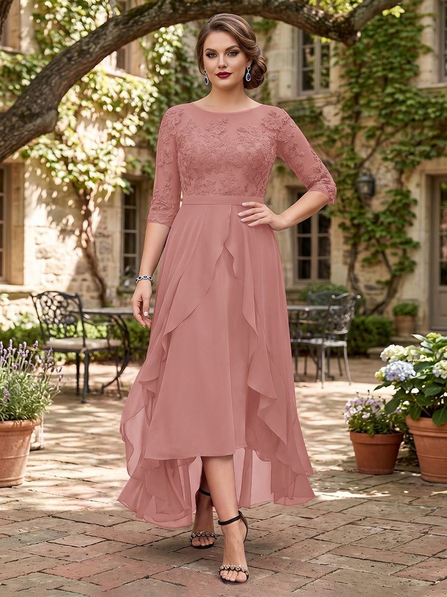 A-Line/Princess Half Sleeves Asymmetrical Plus Size Mother of the Bride Dresses with Ruffles &amp; Embroidery