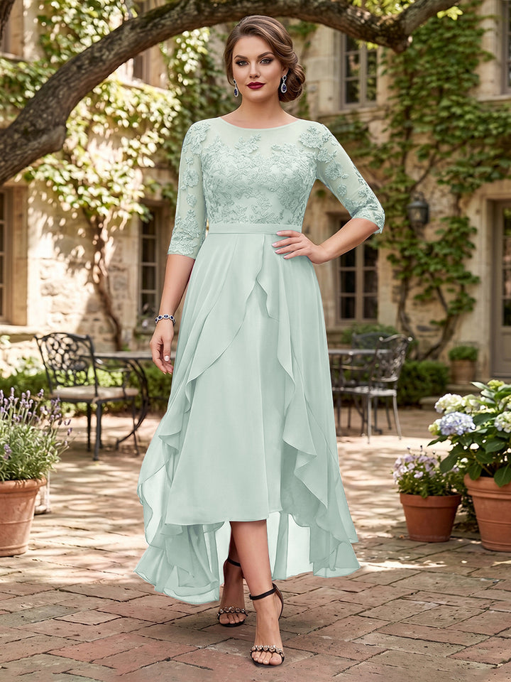 A-Line/Princess Half Sleeves Asymmetrical Plus Size Mother of the Bride Dresses with Ruffles &amp; Embroidery