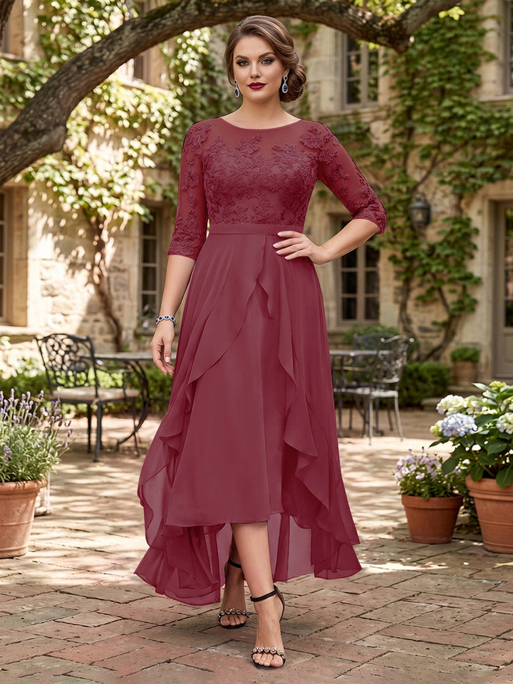 A-Line/Princess Half Sleeves Asymmetrical Plus Size Mother of the Bride Dresses with Ruffles &amp; Embroidery