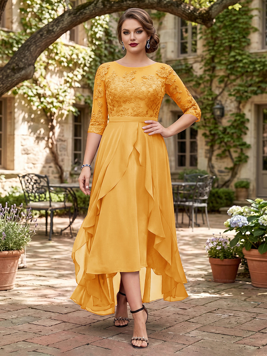 A-Line/Princess Half Sleeves Asymmetrical Plus Size Mother of the Bride Dresses with Ruffles &amp; Embroidery
