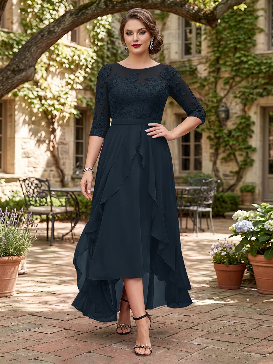 A-Line/Princess Half Sleeves Asymmetrical Plus Size Mother of the Bride Dresses with Ruffles &amp; Embroidery