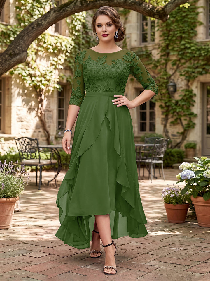 A-Line/Princess Half Sleeves Asymmetrical Plus Size Mother of the Bride Dresses with Ruffles &amp; Embroidery