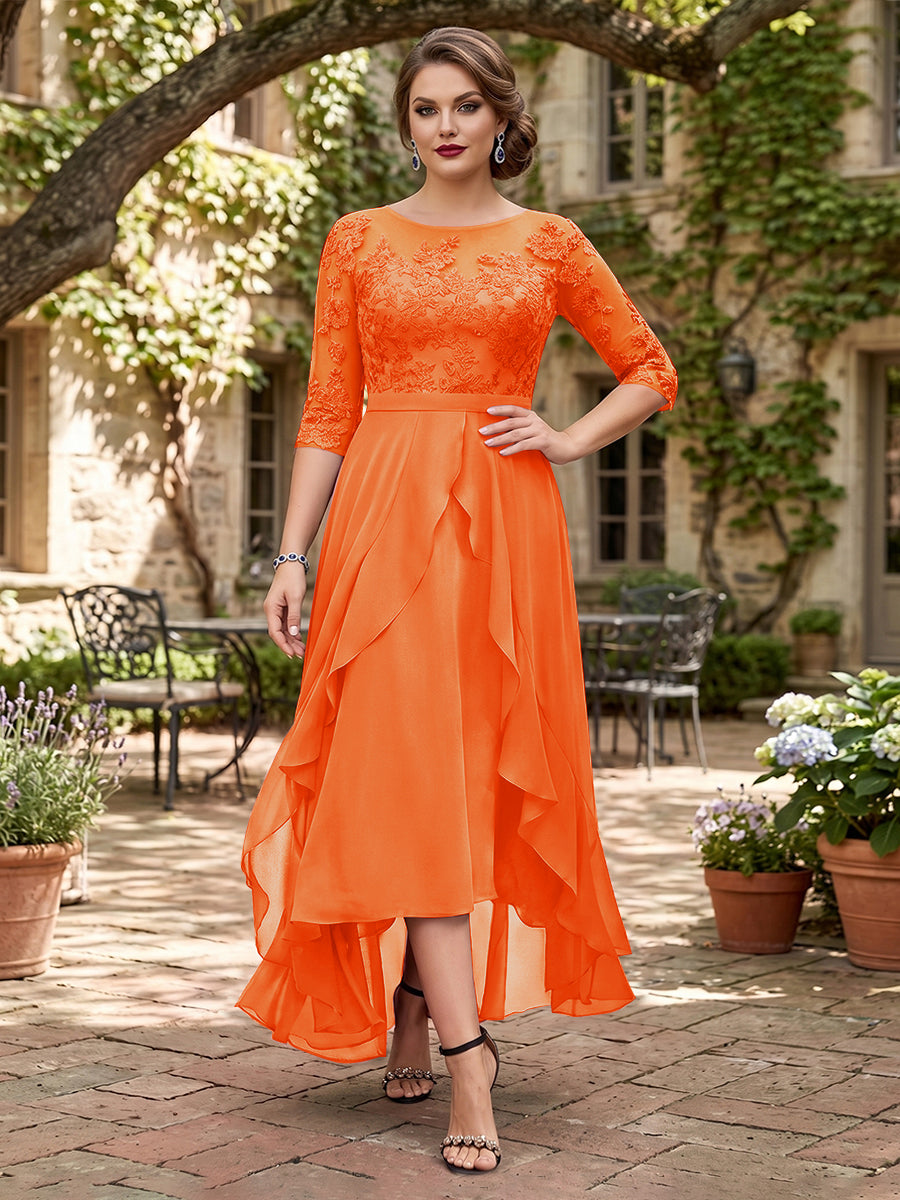 A-Line/Princess Half Sleeves Asymmetrical Plus Size Mother of the Bride Dresses with Ruffles &amp; Embroidery