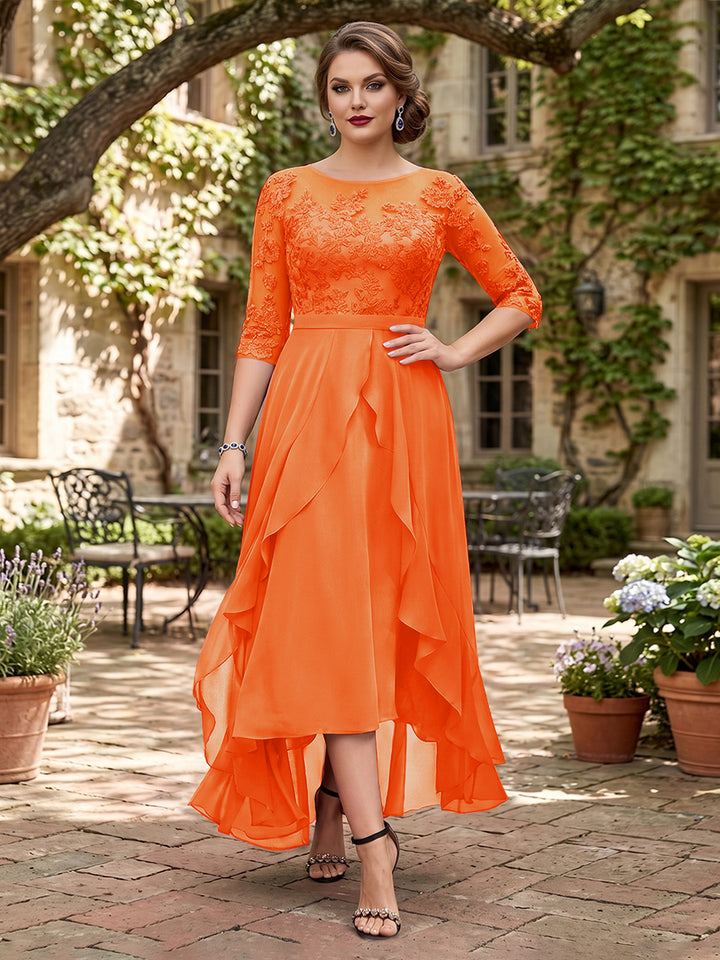 A-Line/Princess Half Sleeves Asymmetrical Plus Size Mother of the Bride Dresses with Ruffles &amp; Embroidery