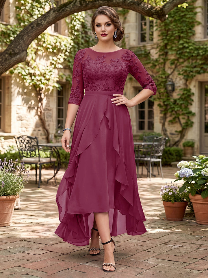 A-Line/Princess Half Sleeves Asymmetrical Plus Size Mother of the Bride Dresses with Ruffles &amp; Embroidery