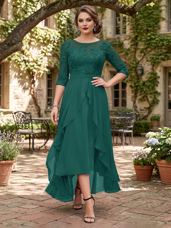A-Line/Princess Half Sleeves Asymmetrical Plus Size Mother of the Bride Dresses with Ruffles &amp; Embroidery