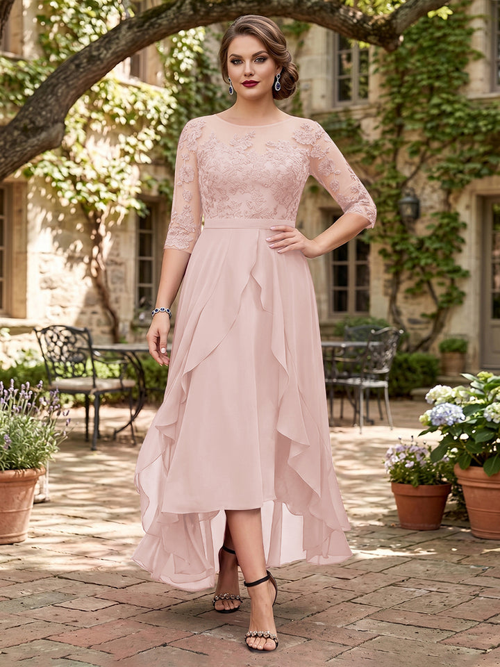 A-Line/Princess Half Sleeves Asymmetrical Plus Size Mother of the Bride Dresses with Ruffles &amp; Embroidery
