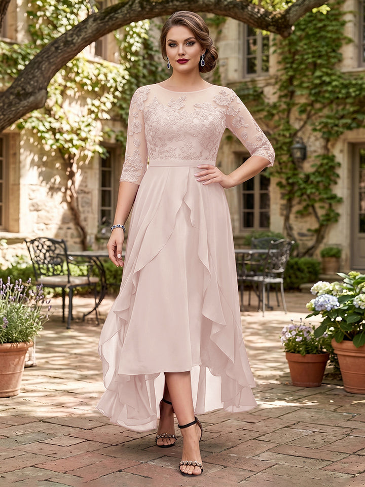 A-Line/Princess Half Sleeves Asymmetrical Plus Size Mother of the Bride Dresses with Ruffles &amp; Embroidery