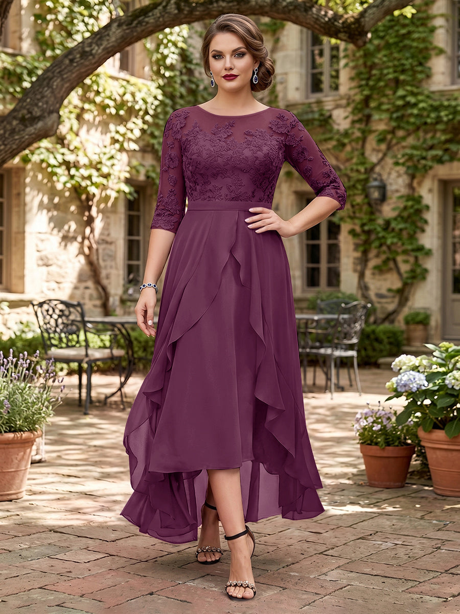 A-Line/Princess Half Sleeves Asymmetrical Plus Size Mother of the Bride Dresses with Ruffles &amp; Embroidery