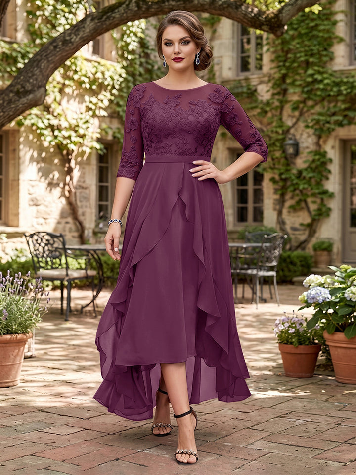 A-Line/Princess Half Sleeves Asymmetrical Plus Size Mother of the Bride Dresses with Ruffles &amp; Embroidery