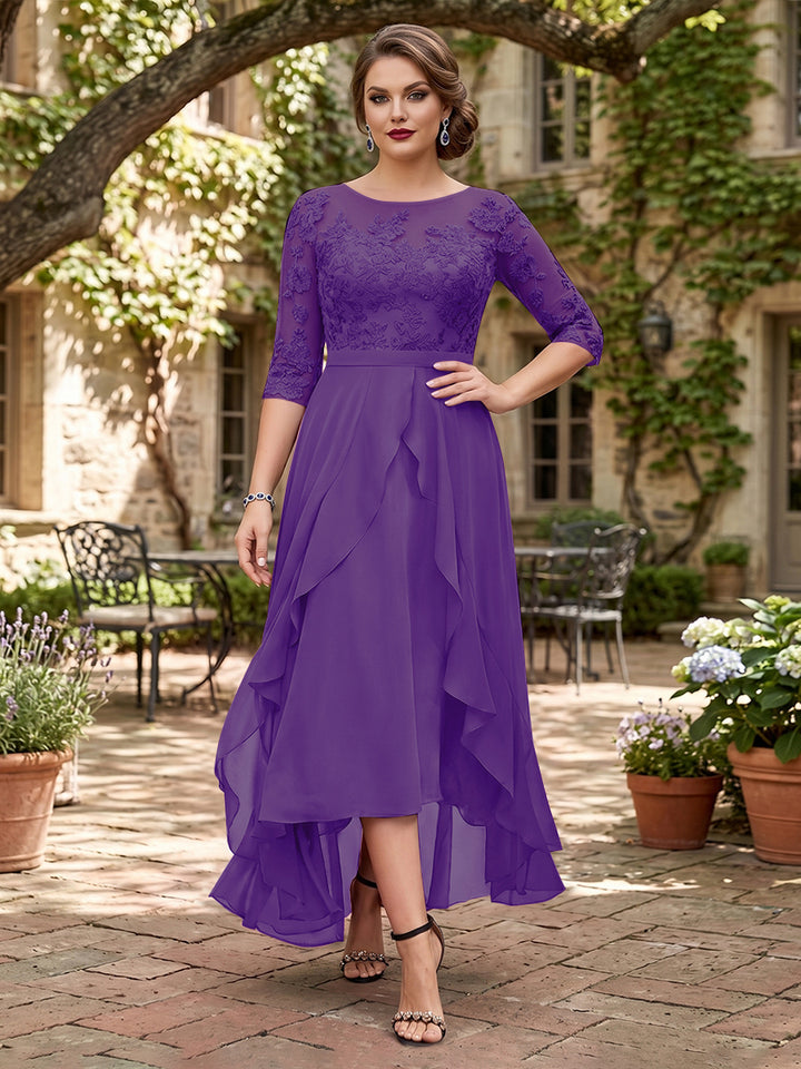 A-Line/Princess Half Sleeves Asymmetrical Plus Size Mother of the Bride Dresses with Ruffles &amp; Embroidery