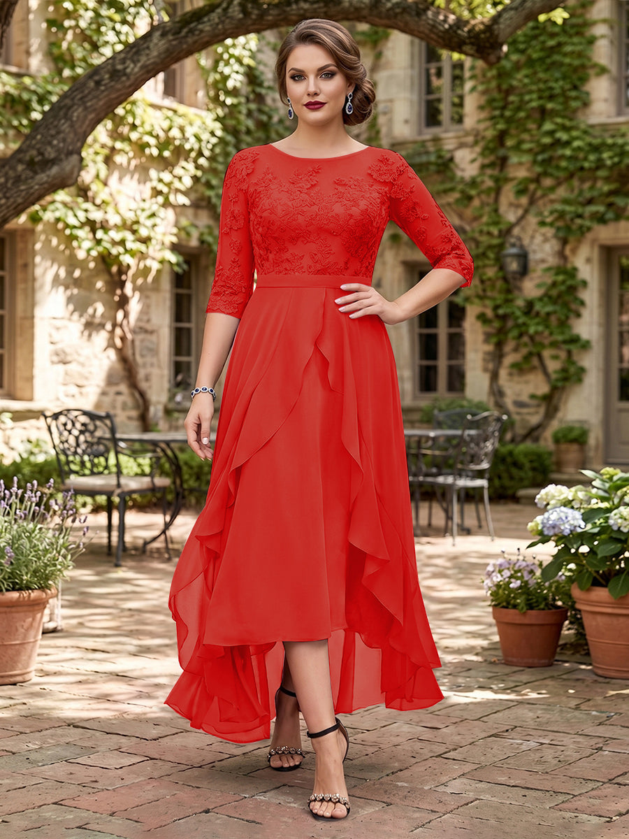 A-Line/Princess Half Sleeves Asymmetrical Plus Size Mother of the Bride Dresses with Ruffles &amp; Embroidery