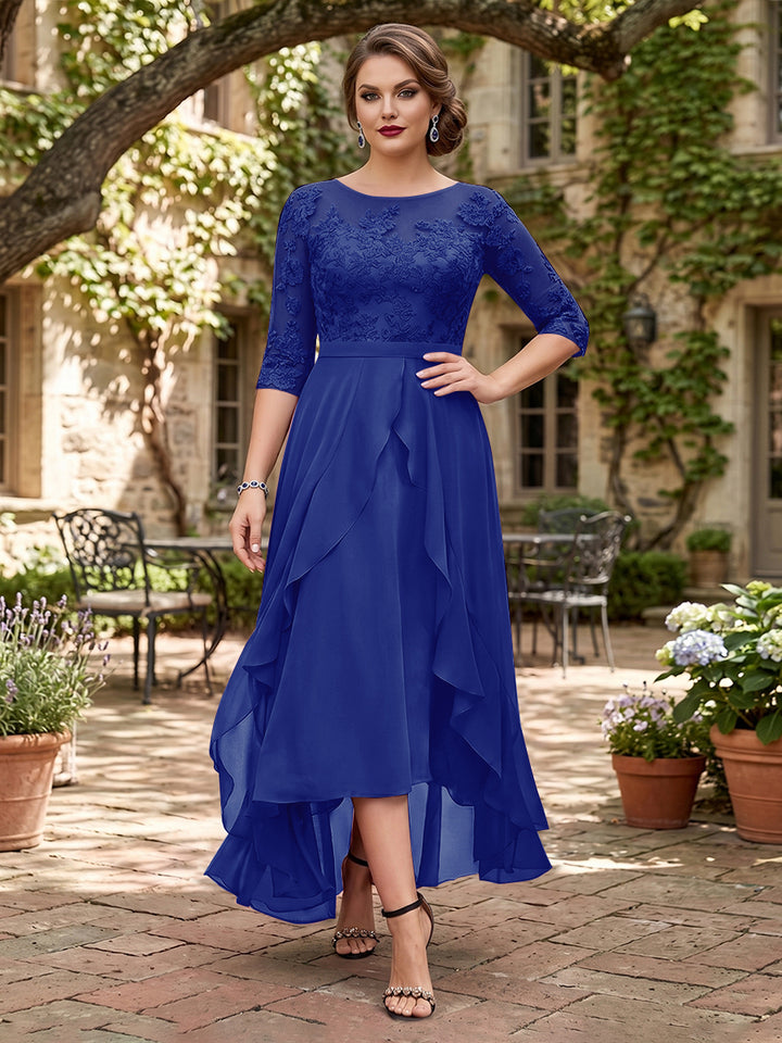 A-Line/Princess Half Sleeves Asymmetrical Plus Size Mother of the Bride Dresses with Ruffles &amp; Embroidery