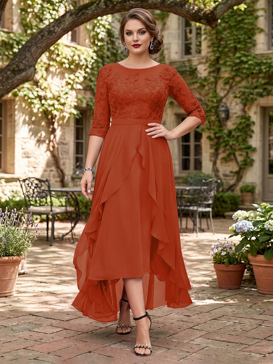 A-Line/Princess Half Sleeves Asymmetrical Plus Size Mother of the Bride Dresses with Ruffles &amp; Embroidery