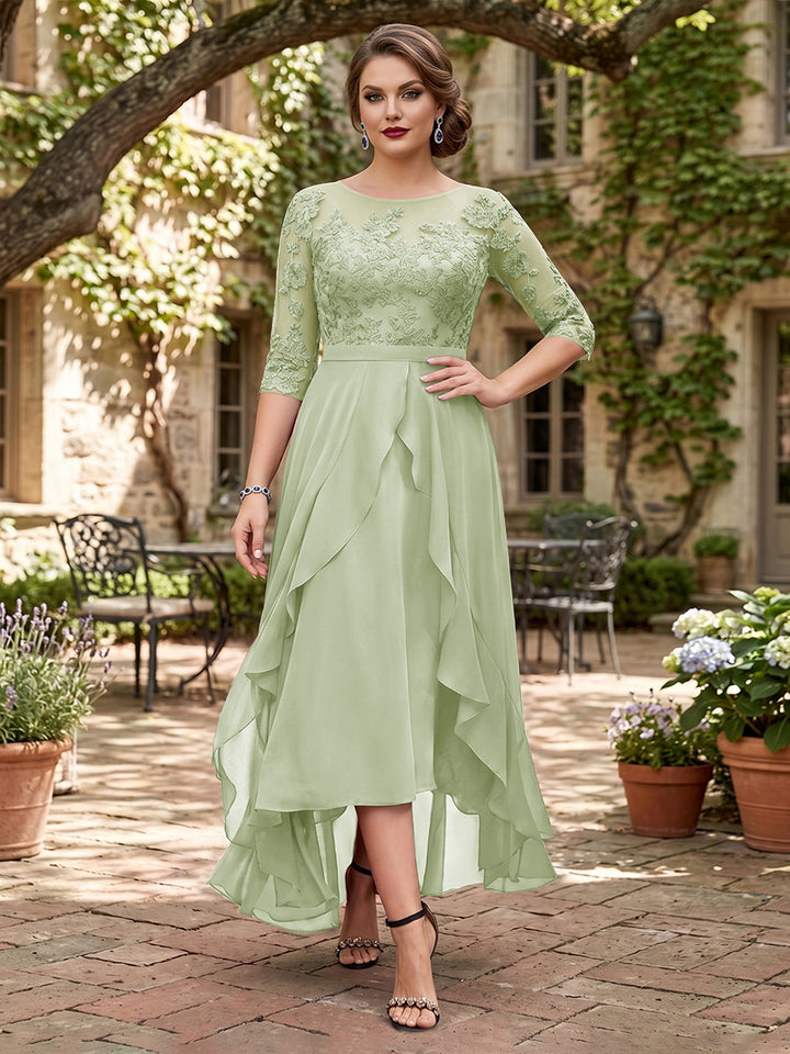 A-Line/Princess Half Sleeves Asymmetrical Plus Size Mother of the Bride Dresses with Ruffles &amp; Embroidery