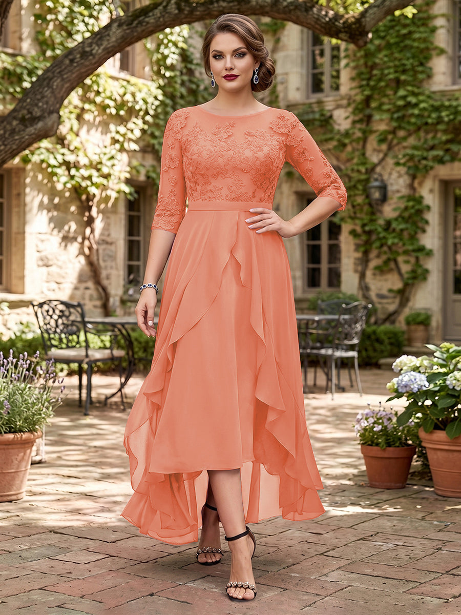 A-Line/Princess Half Sleeves Asymmetrical Plus Size Mother of the Bride Dresses with Ruffles &amp; Embroidery