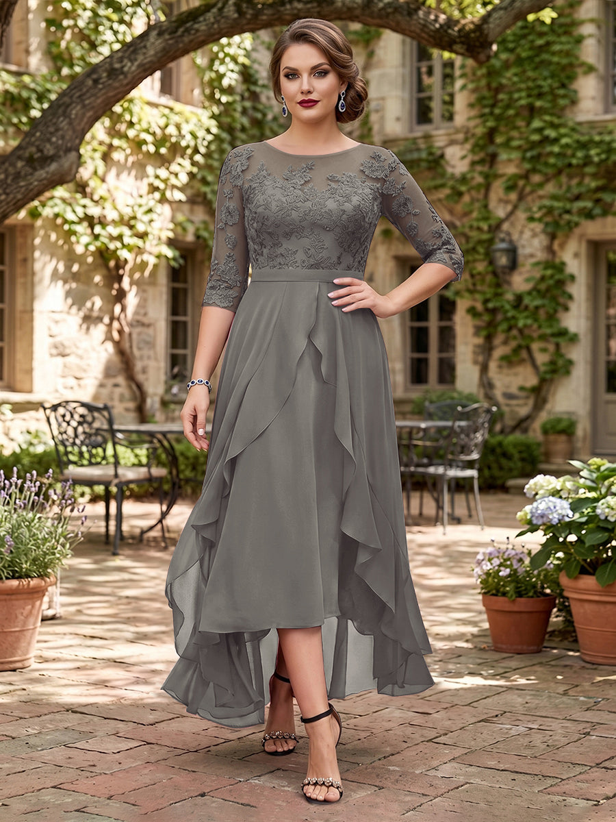 A-Line/Princess Half Sleeves Asymmetrical Plus Size Mother of the Bride Dresses with Ruffles &amp; Embroidery