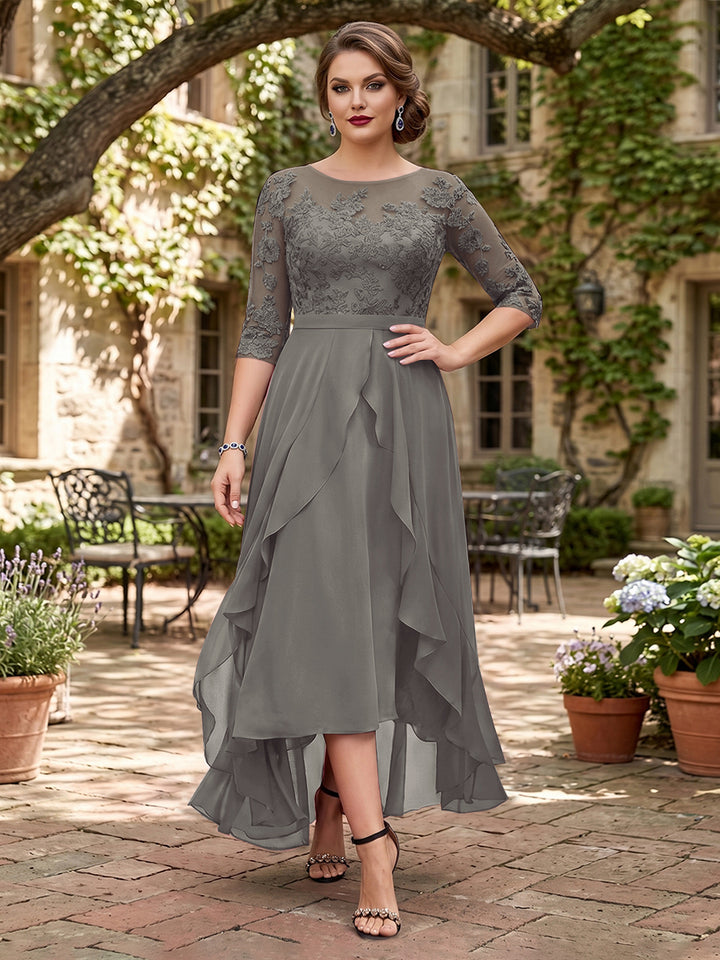 A-Line/Princess Half Sleeves Asymmetrical Plus Size Mother of the Bride Dresses with Ruffles &amp; Embroidery