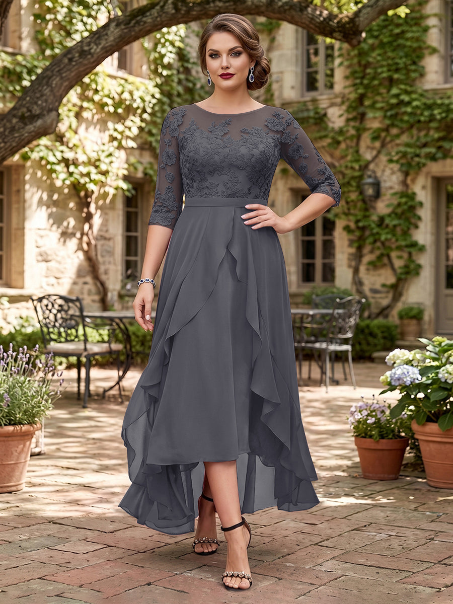 A-Line/Princess Half Sleeves Asymmetrical Plus Size Mother of the Bride Dresses with Ruffles &amp; Embroidery