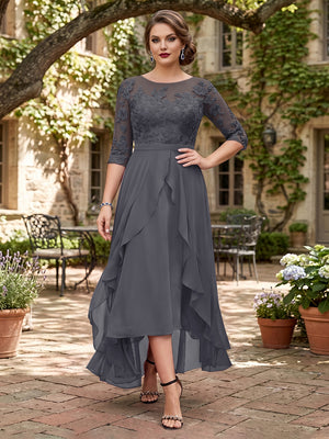 A-Line/Princess Half Sleeves Asymmetrical Plus Size Mother of the Bride Dresses with Ruffles & Embroidery