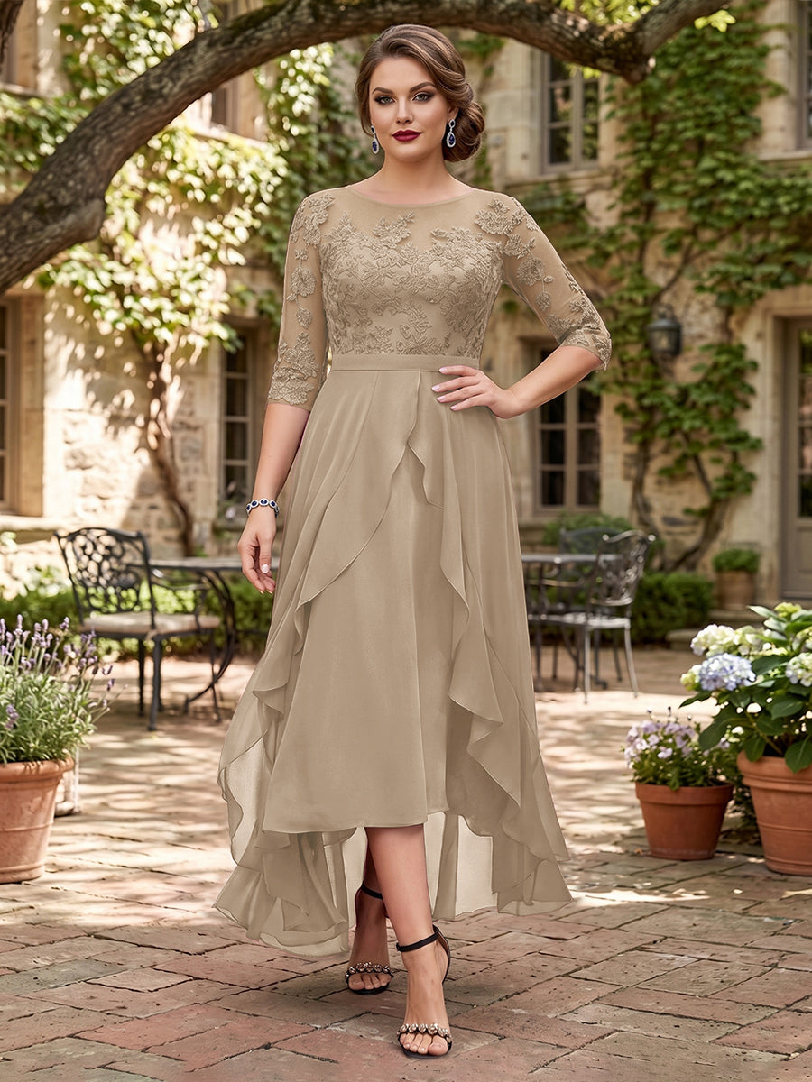 A-Line/Princess Half Sleeves Asymmetrical Plus Size Mother of the Bride Dresses with Ruffles &amp; Embroidery