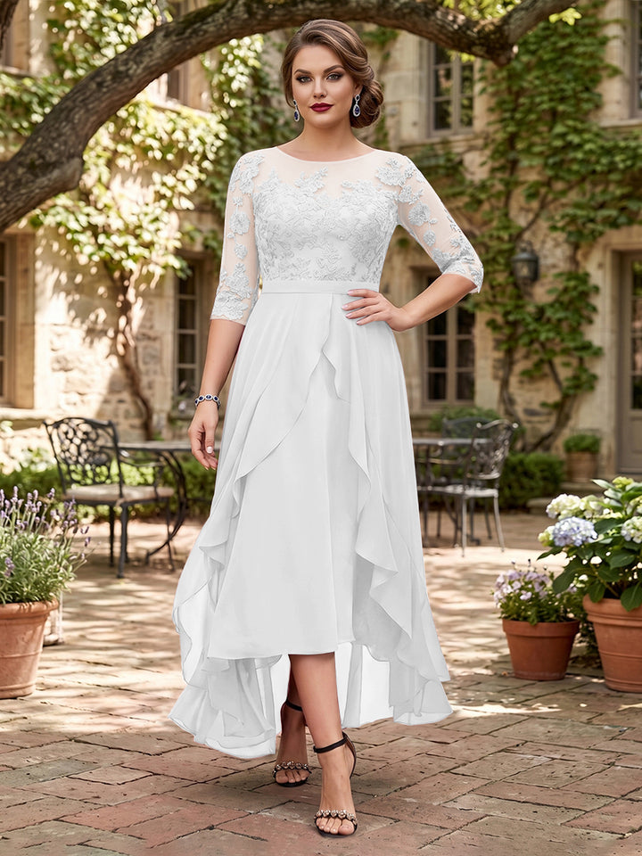 A-Line/Princess Half Sleeves Asymmetrical Plus Size Mother of the Bride Dresses with Ruffles &amp; Embroidery
