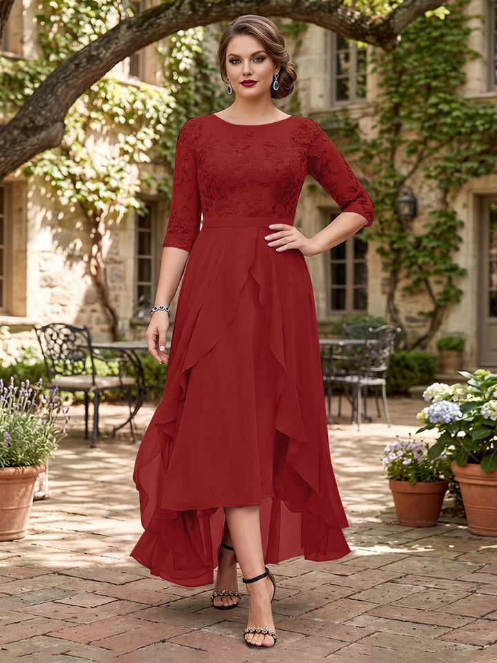 A-Line/Princess Half Sleeves Asymmetrical Plus Size Mother of the Bride Dresses with Ruffles &amp; Embroidery