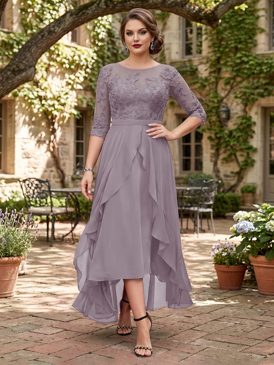 A-Line/Princess Half Sleeves Asymmetrical Plus Size Mother of the Bride Dresses with Ruffles &amp; Embroidery
