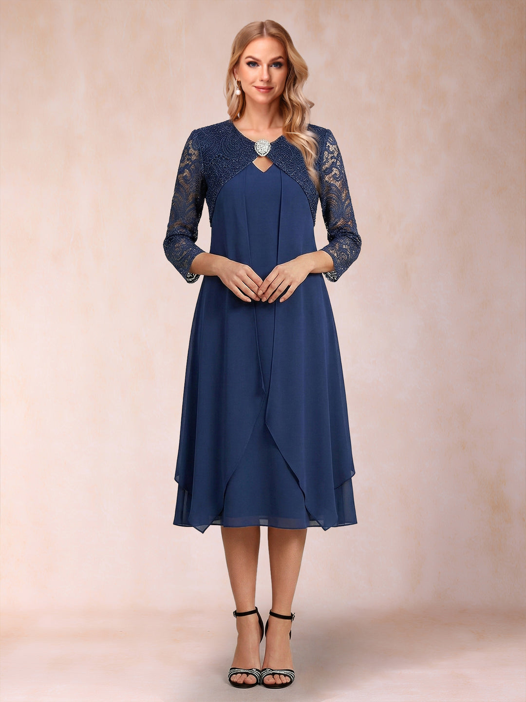 Sheath/Column 3/4 Sleeves Asymmetrical Mother of the Bride Dresses with Lace &amp; Rhinestone