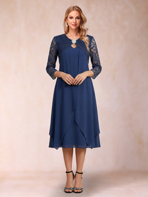 Sheath/Column 3/4 Sleeves Asymmetrical Mother of the Bride Dresses with Lace & Rhinestone