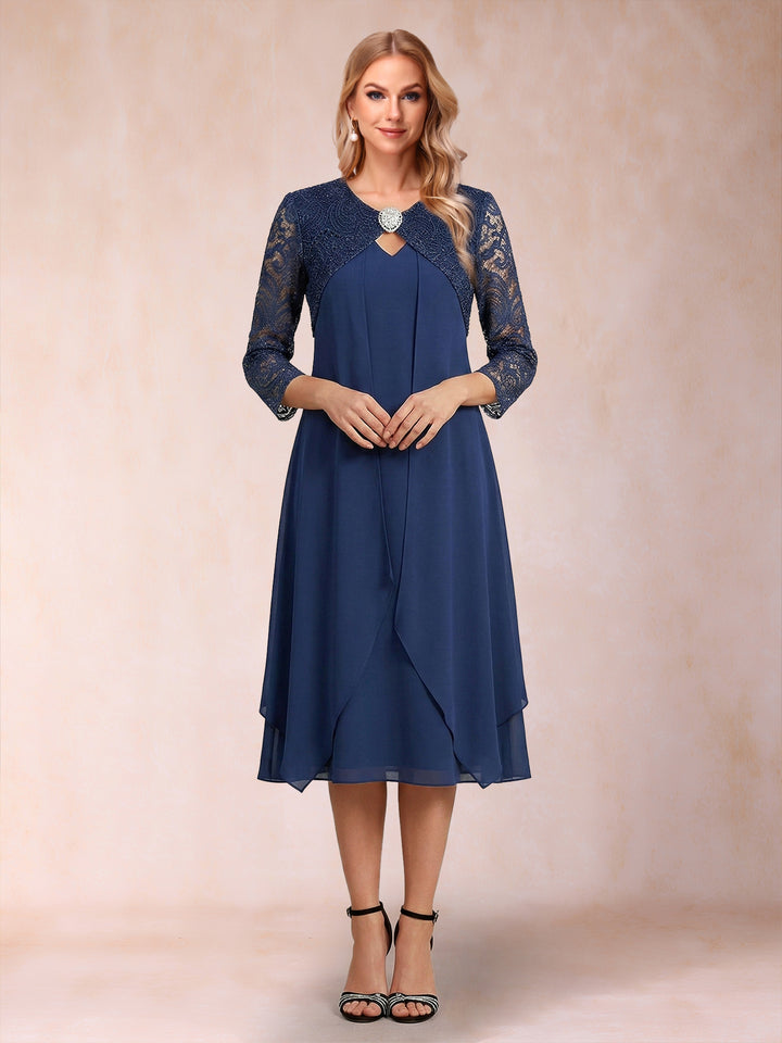 Sheath/Column 3/4 Sleeves Asymmetrical Mother of the Bride Dresses with Lace &amp; Rhinestone