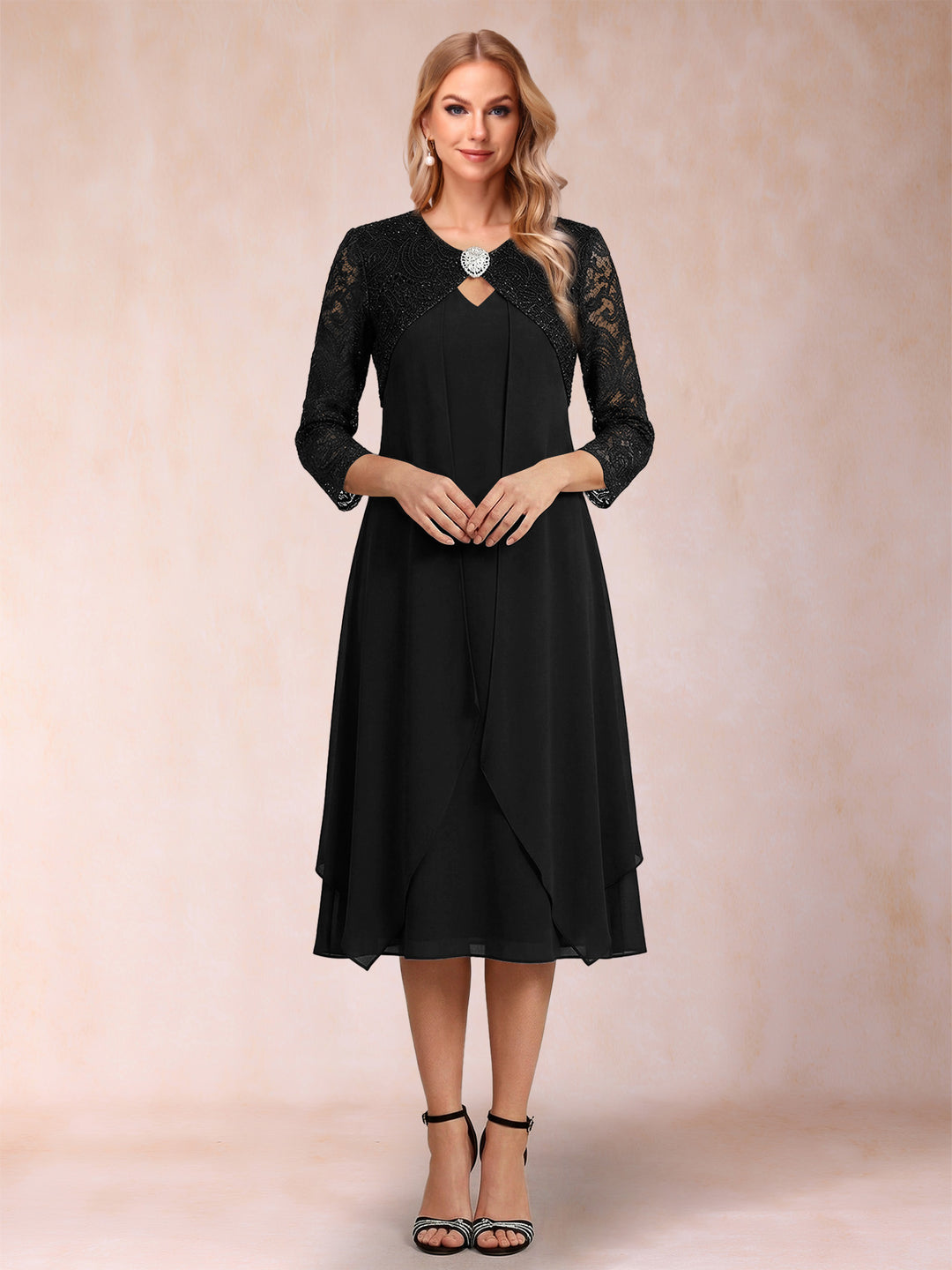 Sheath/Column 3/4 Sleeves Asymmetrical Mother of the Bride Dresses with Lace &amp; Rhinestone