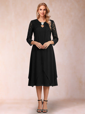 Sheath/Column 3/4 Sleeves Asymmetrical Mother of the Bride Dresses with Lace & Rhinestone