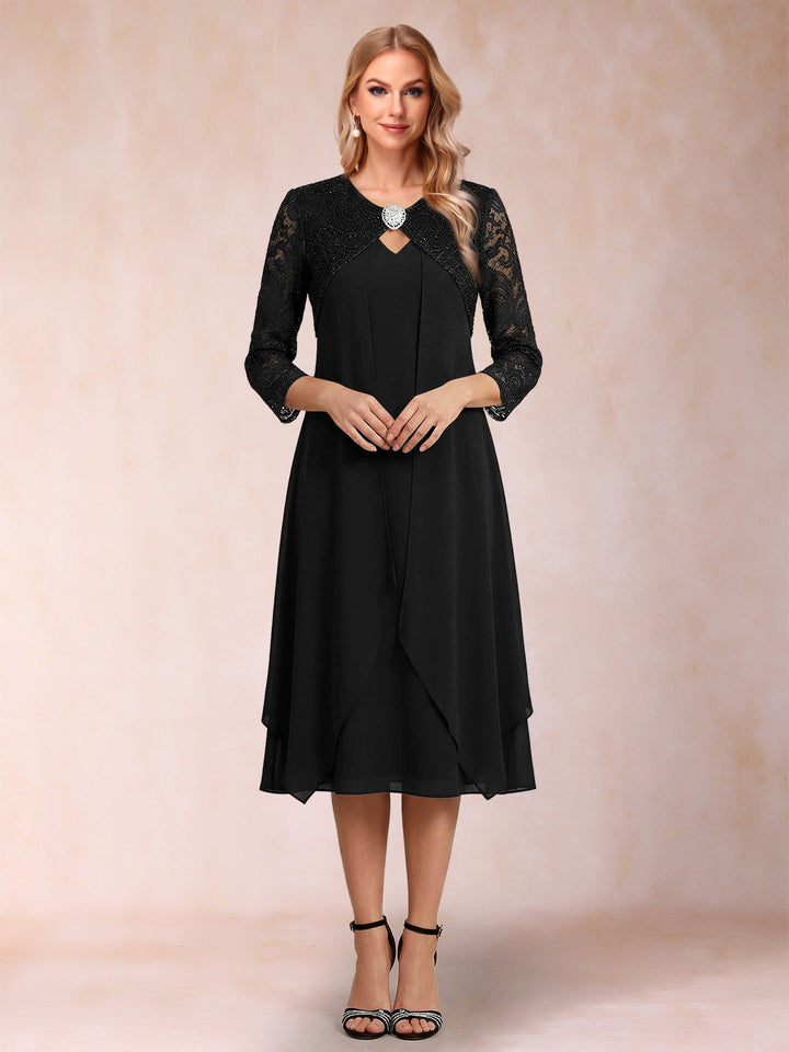 Sheath/Column 3/4 Sleeves Asymmetrical Mother of the Bride Dresses with Lace &amp; Rhinestone