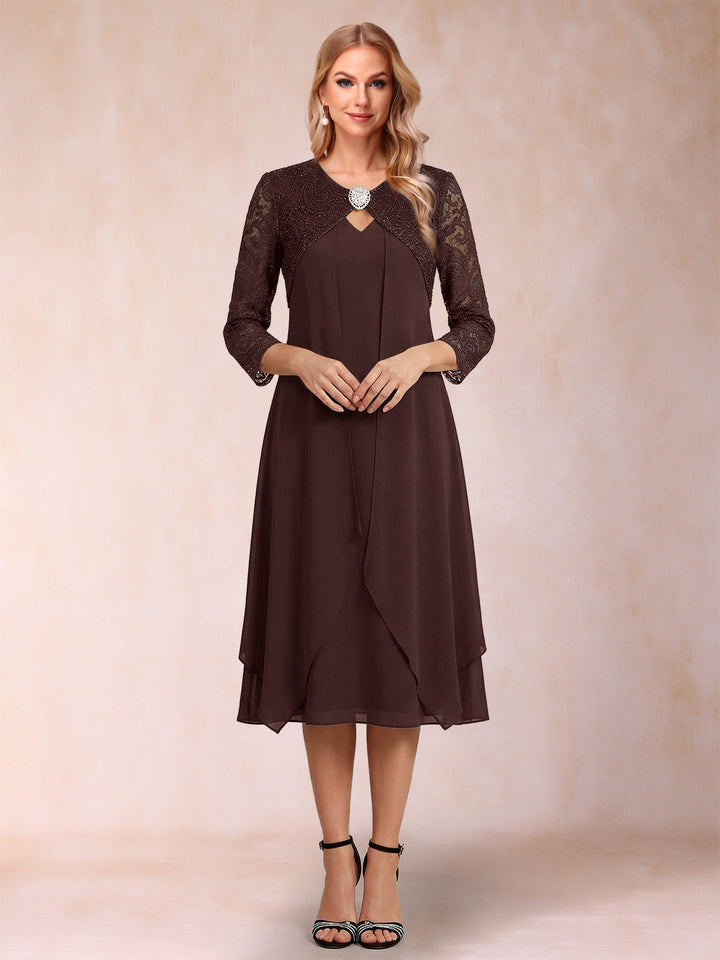 Sheath/Column 3/4 Sleeves Asymmetrical Mother of the Bride Dresses with Lace &amp; Rhinestone