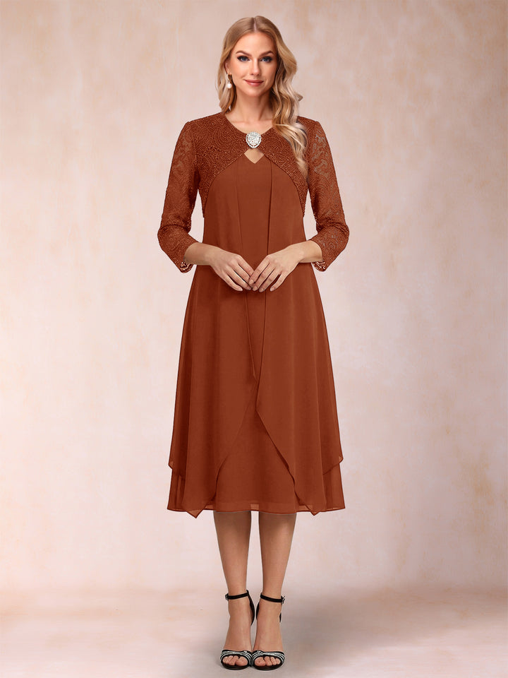 Sheath/Column 3/4 Sleeves Asymmetrical Mother of the Bride Dresses with Lace &amp; Rhinestone