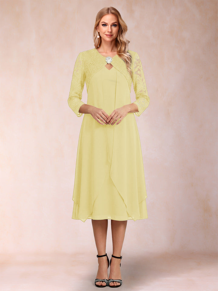 Sheath/Column 3/4 Sleeves Asymmetrical Mother of the Bride Dresses with Lace &amp; Rhinestone