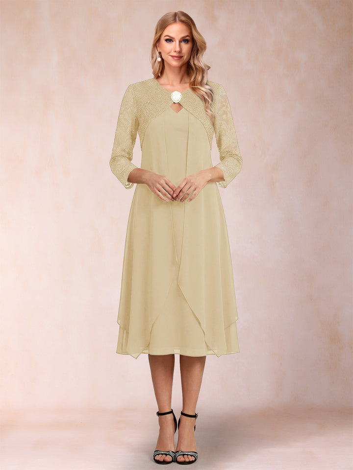 Sheath/Column 3/4 Sleeves Asymmetrical Mother of the Bride Dresses with Lace &amp; Rhinestone