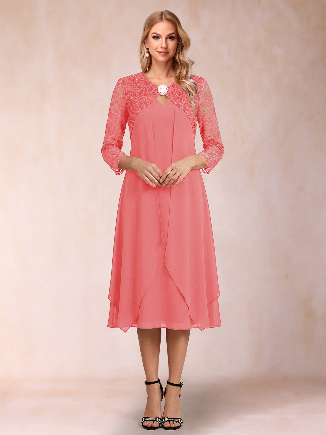 Sheath/Column 3/4 Sleeves Asymmetrical Mother of the Bride Dresses with Lace &amp; Rhinestone