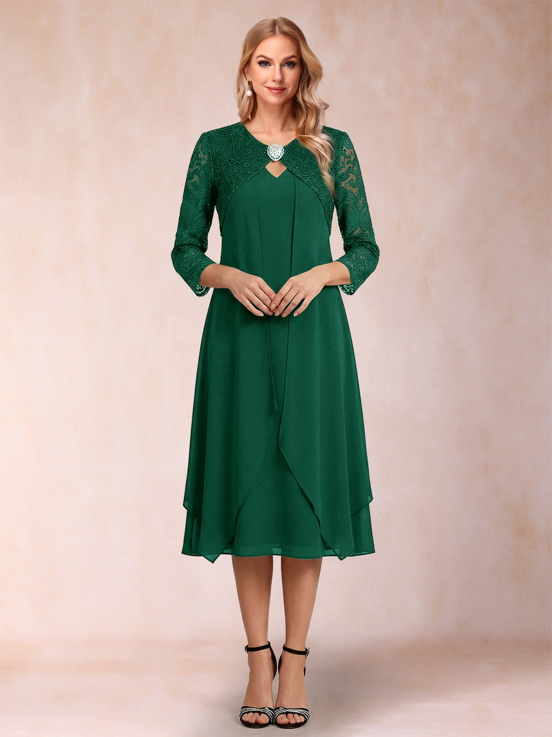 Sheath/Column 3/4 Sleeves Asymmetrical Mother of the Bride Dresses with Lace &amp; Rhinestone
