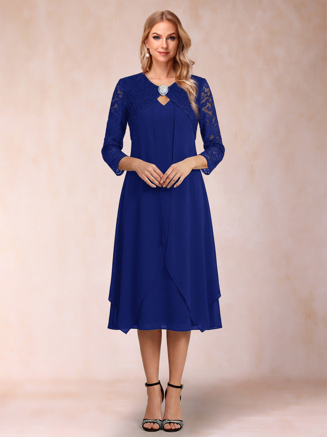 Sheath/Column 3/4 Sleeves Asymmetrical Mother of the Bride Dresses with Lace &amp; Rhinestone