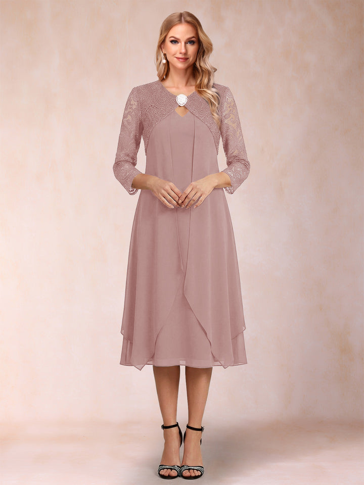 Sheath/Column 3/4 Sleeves Asymmetrical Mother of the Bride Dresses with Lace &amp; Rhinestone
