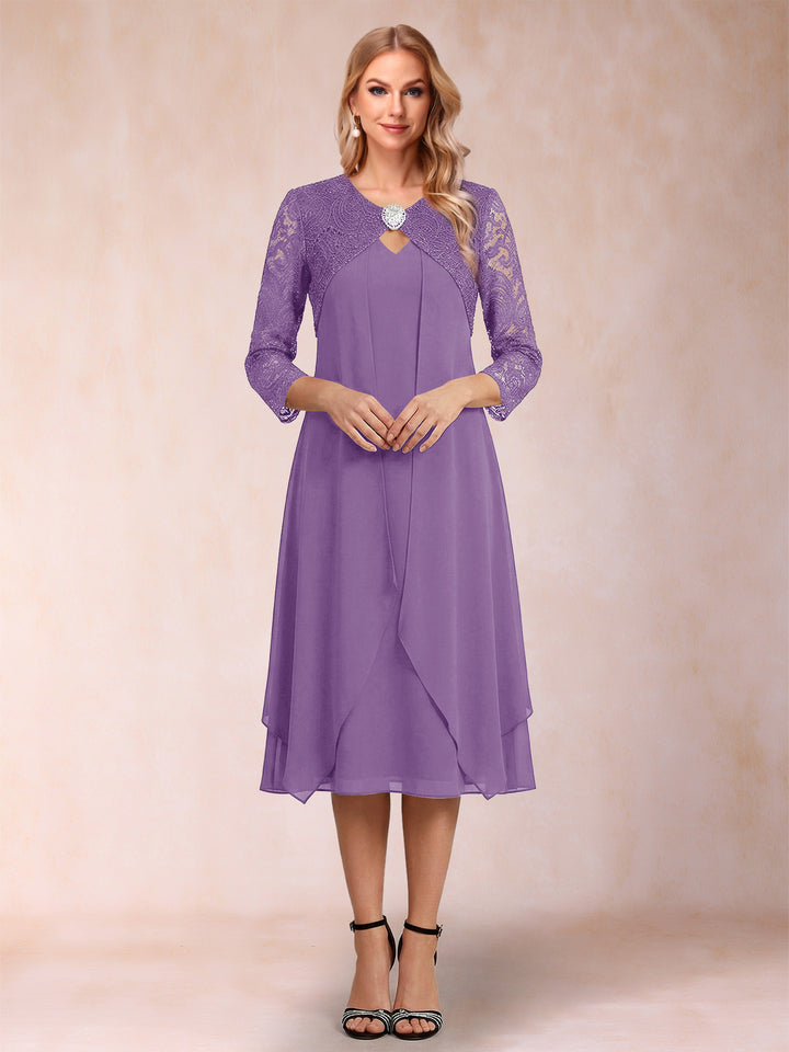 Sheath/Column 3/4 Sleeves Asymmetrical Mother of the Bride Dresses with Lace &amp; Rhinestone