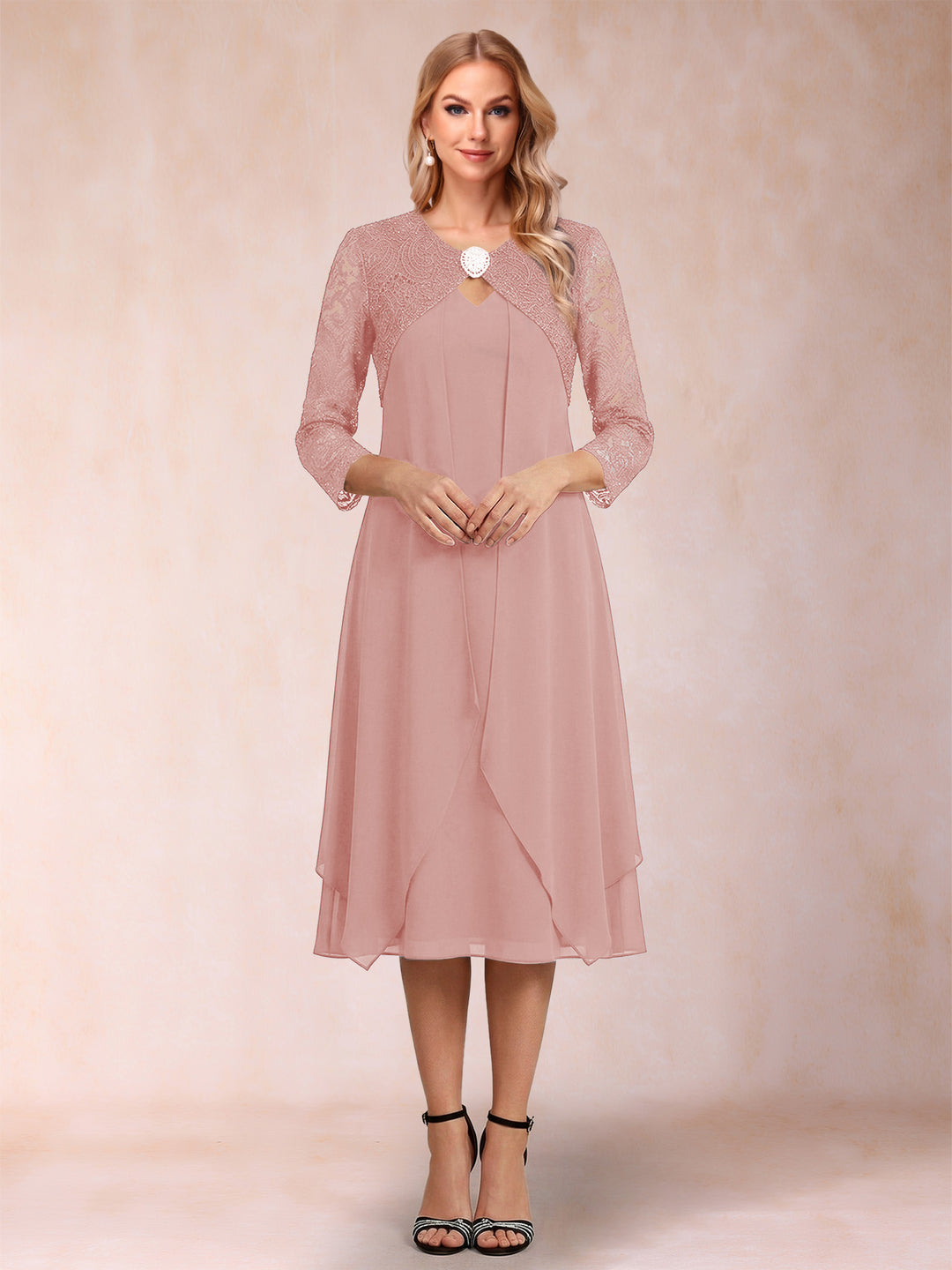 Sheath/Column 3/4 Sleeves Asymmetrical Mother of the Bride Dresses with Lace &amp; Rhinestone