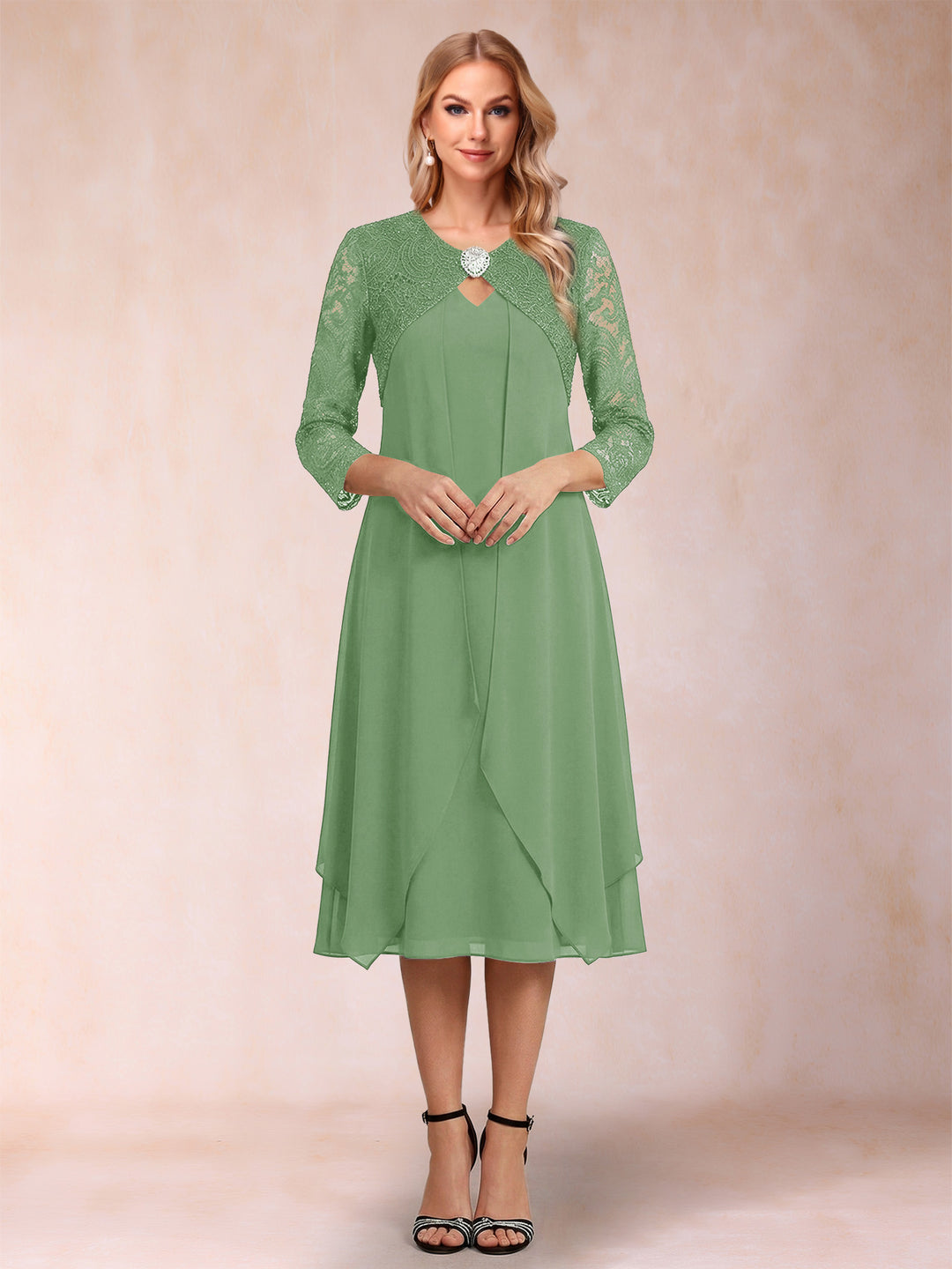 Sheath/Column 3/4 Sleeves Asymmetrical Mother of the Bride Dresses with Lace &amp; Rhinestone