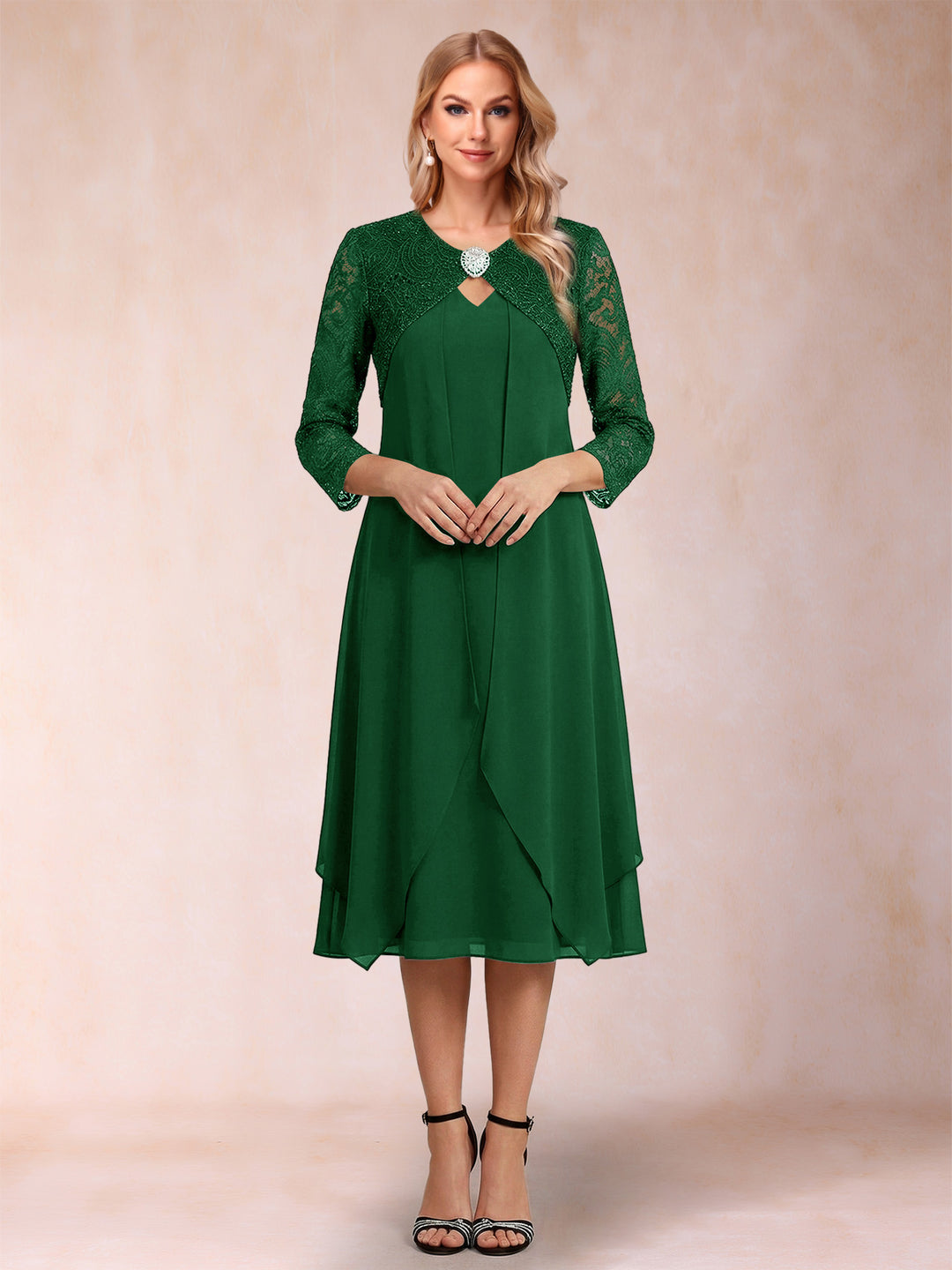 Sheath/Column 3/4 Sleeves Asymmetrical Mother of the Bride Dresses with Lace &amp; Rhinestone