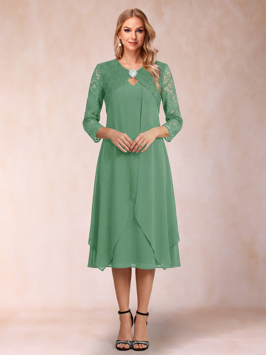 Sheath/Column 3/4 Sleeves Asymmetrical Mother of the Bride Dresses with Lace &amp; Rhinestone