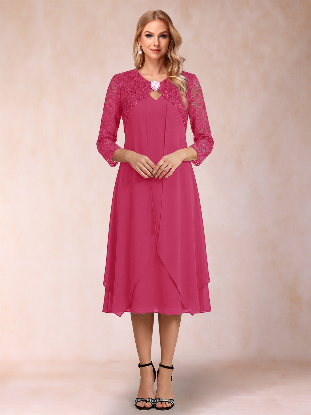 Sheath/Column 3/4 Sleeves Asymmetrical Mother of the Bride Dresses with Lace &amp; Rhinestone